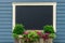 blue wall with window blocked black board with flowers in wooden box