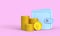 Blue wallet with yellow coins 3d icon render. Stack of gold coins