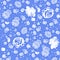 Blue wallpaper with floral ornament. Seamless romantic pattern with garden and fantasy flowers, leaves, little berries and paisley