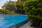 Blue water swimming pool surrounded by trees