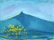 Blue watercolor hand drawn background with castle on the hill, yellow flowers and waves on the lake