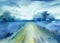 Blue watercolor landscape, road, field. Nature illustration