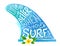 Blue watercolor style vector surfing fin silhouette with white hand drawn lettering and realistic Bali flower