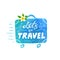 Blue watercolor texture vector running suitcase silhouette with white lettering - Lets go Travel and Bali flower