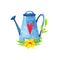 Blue watering can with a heart and a yellow flower with a branch