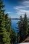 Blue Waters of Crater Lake Peeking Through Pine Trees