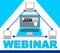 Blue webinar banner with group of computers in triangle composition, button join, hand pointer, arrow symbols
