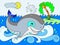 Blue whale on a background of ocean color for children cartoon illustration.