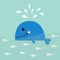 Blue whale with fountain. School of fish herring Sea ocean life. Cute cartoon character Eyes, tail, fin. Smiling face. Kids baby a