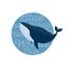 Blue whale illustration. Blue Whale with specks in the blue circle with letters.