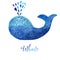 Blue Whale Illustration. Watercolor whale. Vector illustration of watercolor whale, made of blue flower ornament.