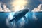 Blue whale jumps out of the water over breaking waves. Marine animals wallpaper.