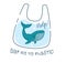 Blue whale say no plastic. Vector illustration in doodle style on a white background. Blue whale in a plastic bag