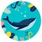 Blue whale under water in round background. Flat style. Cartoon vector