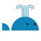 Blue whale with water fountain and round eyes simple cartoon kids illustration in primitive kawaii style, cute animal side view