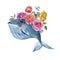 Blue whale watercolor with rose, anemones, summer flowers, red coral