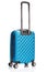 Blue wheeled suitcase with handle isolated on white.
