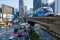 Blue and white automated aerial monorail train at Bukit Bintang district of Kuala Lumpur