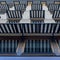 Blue and white awnings over glass window in hotel, concept decoration for shading