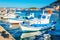 Blue-white boats in Greek port, Greece