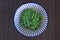 Blue and white bowl with wakame seaweed on a dark wood