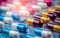 Blue-white capsule pills in blister pack. Pharmaceutical industry. Drug package. Pharmaceutics concept. Drug use in hospital.