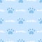 Blue and white cat seamless pattern. Meow and cat paws background vector illustration. Cute cartoon pastel character for
