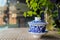 Blue-and-white ceramic teacup on bamboo-woven mat,China