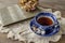 Blue and white china tea cup and saucer on lace cloth