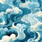 Blue and white clouds with tan-colored waves in intricate decorative patterning (tiled)