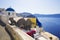 Blue and white colours of Oia City. Magnificent panorama of the island of Santorini Greece during a beautiful sunset in the Medite