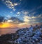 Blue and white colours of Oia City. Magnificent panorama of the island of Santorini Greece during a beautiful sunset in the Medite