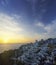 Blue and white colours of Oia City. Magnificent panorama of the island of Santorini Greece during a beautiful sunset in the Medite