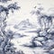 Blue And White Country Estate: A Naturalistic Landscape With Detailed Monochrome Painting