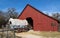 Blue and White Covered Wagon on a farmstead in Grapevine, Texas