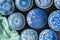 Blue and white decorative Japanese plates on black background -