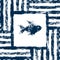 Blue and white fish in a striped frame woven grunge seamless pattern, vector