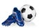 Blue and White Football shoes and Soccer Ball