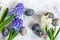 Blue and white hyacinths and Easter eggs