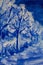 Blue and white landscape painting. Night park trees
