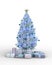 Blue and white man made Christmas tree surrounded by wrapped presents. Isolated 3D rendering