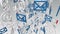 Blue and white rotating envelopes icons on white