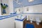 Blue and white rustic bathroom.