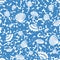 Blue and white seashells on a textured background seamless vector pattern