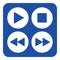 Blue, white sign - four music control buttons icon