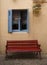 Blue window brown bench Brantome France