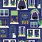 Blue windows with candles and flowers decoration seamless vector background. Ivory, green, and brown windows with cats