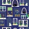 Blue windows shapes with decoration and flowers seamless vector background. Ivory, green, and brown windows with cats