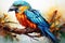 Blue-winged macaw on a branch. Watercolor painting AI Generated Generative AI