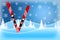 Blue winter scene of red skis standing in snow covered hills